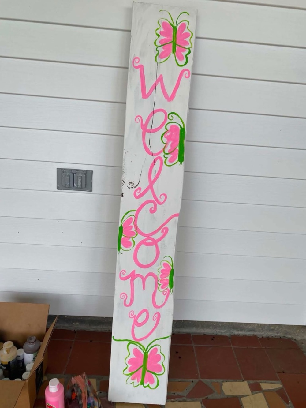 Handmade Pink & Green Welcome Porch Sign